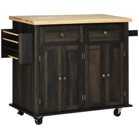 HOMCOM Rolling Kitchen Cart, Brown Oak with Rubberwood Top, Spice Rack, Towel Rack, and Drawers