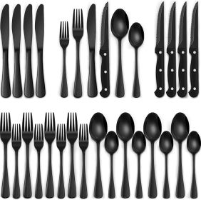 24-Piece Black Silverware Set with Steak Knives, Black Flatware Set for 4, Food-Grade Stainless Steel Tableware Cutlery Set