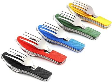 5 Pack Camping Utensils, 4-in-1 Portable Stainless Steel Cutlery with Fork, Spoon, Knife, and Bottle Opener - Lightweight, Detachable