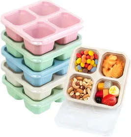 6 Pack Snack Boxes, 4 Compartment Lunch Boxes, Reusable Bento Boxes For Adults, Wheat Straw, Divided Food Containers With Lids (Color: Pink)