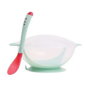 KidKeeper Bowl and Spoon Anti-slip Suction Base with Heat Sensing Spoon (Color: Green)