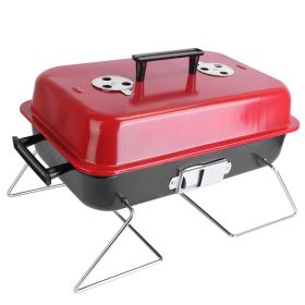 Portable Charcoal Grill Outdoor Tabletop Grill Small Barbecue Smoker Folding BBQ Grill With Lid For Camping Picnics Beach (Color: Red)