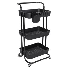 Black-White Color Options 1Pc 3 Tier Rolling Utility Cart Movable Storage Organizer With Mesh Baskets Lockable Wheels 360 Degree Rotatable Hangin (Color: Black)