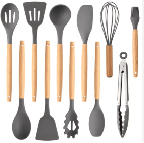 Non-Stick Silicon 12 Pcs Heat Resistant Wooden Handle Kitchen Cooking Utensils Set, Gray Color (Option: Gray)
