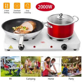 2000W Double Electric Burner Portable Dual Counter Stove Countertop Hot Plate Kitchen Cooker Stove With 5 Gear Temperature Control (Color: White)