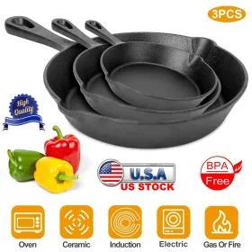 3Pcs Pre-Seasoned Cast Iron Skillet Set 6 8 10in Non-Stick Oven Safe Cookware Heat-Resistant Frying Pan (Option: As pic)