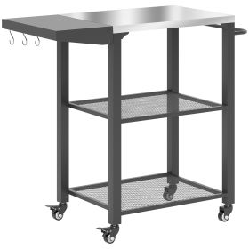 Three-Shelf Outdoor Grill Cart Table With Foldable Side Table, Stainless Steel Top Pizza Oven Stand With Hooks, Silver (Color: Silver)