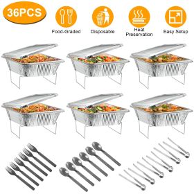 36Pcs Per Set Disposable Chafing Dish Buffet Set Food Warmers For Party Buffet Server Catering Supplies With Covers Utensils Half Size Food Pans (Color: Silver)